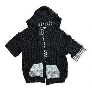 POL Black Open Knit Crochet Detail Hooded Short Sleeve Cardigan M